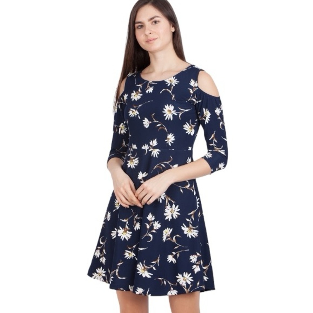 Zink London Women dark Navy Blue Printed flower pattern Fit & Flare Dress XL